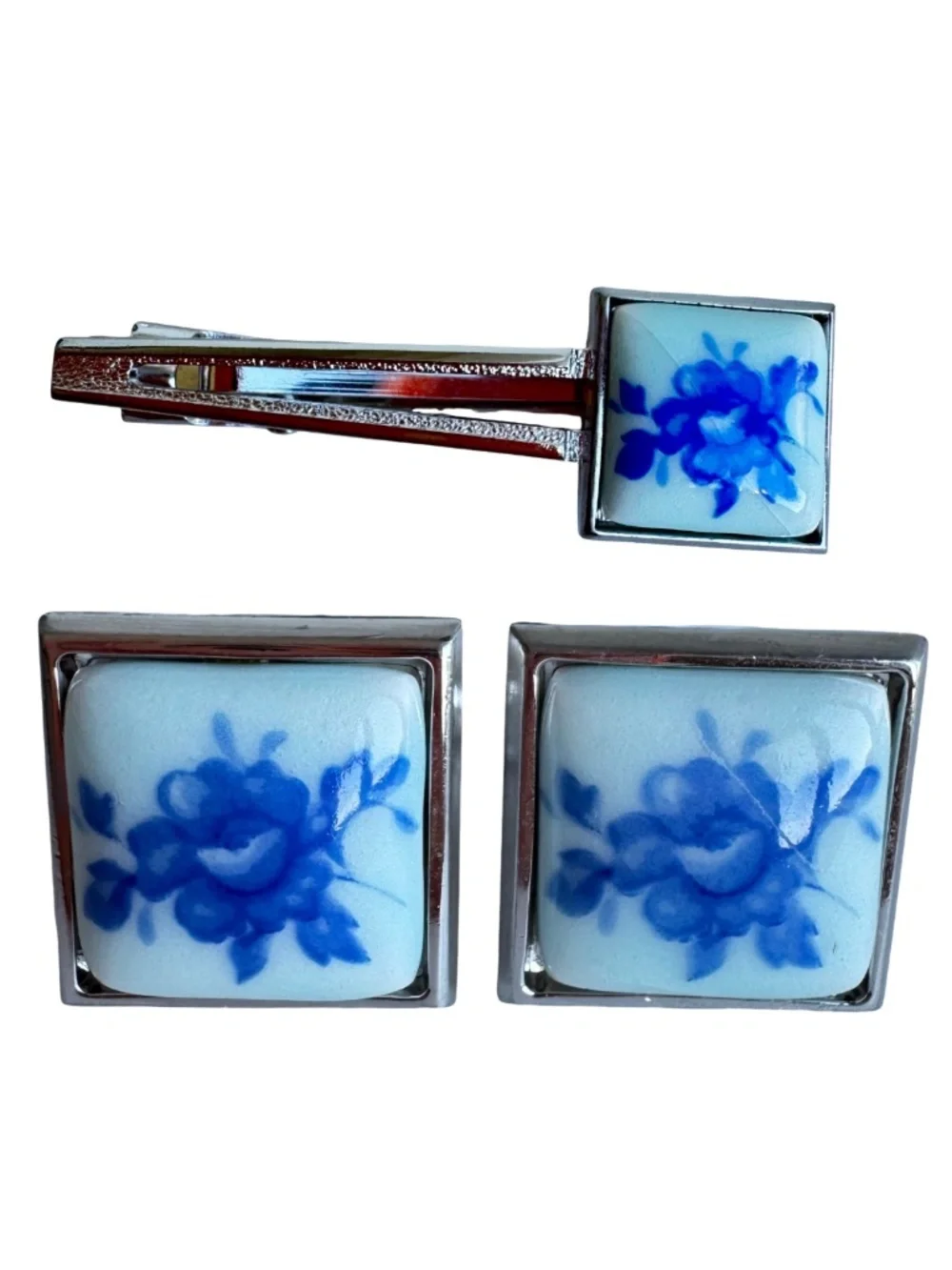 Vintage Japanese Blue White Porcelain Cufflinks Tie Clip Set Floral Signed GQA